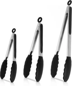 Set De Pinces De Service En Siliconen House Of Husk - Pinces De Cuisine - Pinces à BBQ - Pinces à Viande - Pinces De Cuisine - Argent/ Zwart - Set De 3