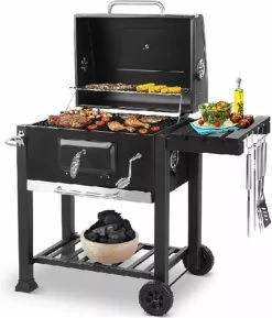 Frito Charbon De Bois Grill BBQ - Barbecue - Bon Pour 5 à 10 Personnes - Plaque De Gril - Avec Thermomètre, Roues, étagère Latérale Et Plus - Acier Inoxydable