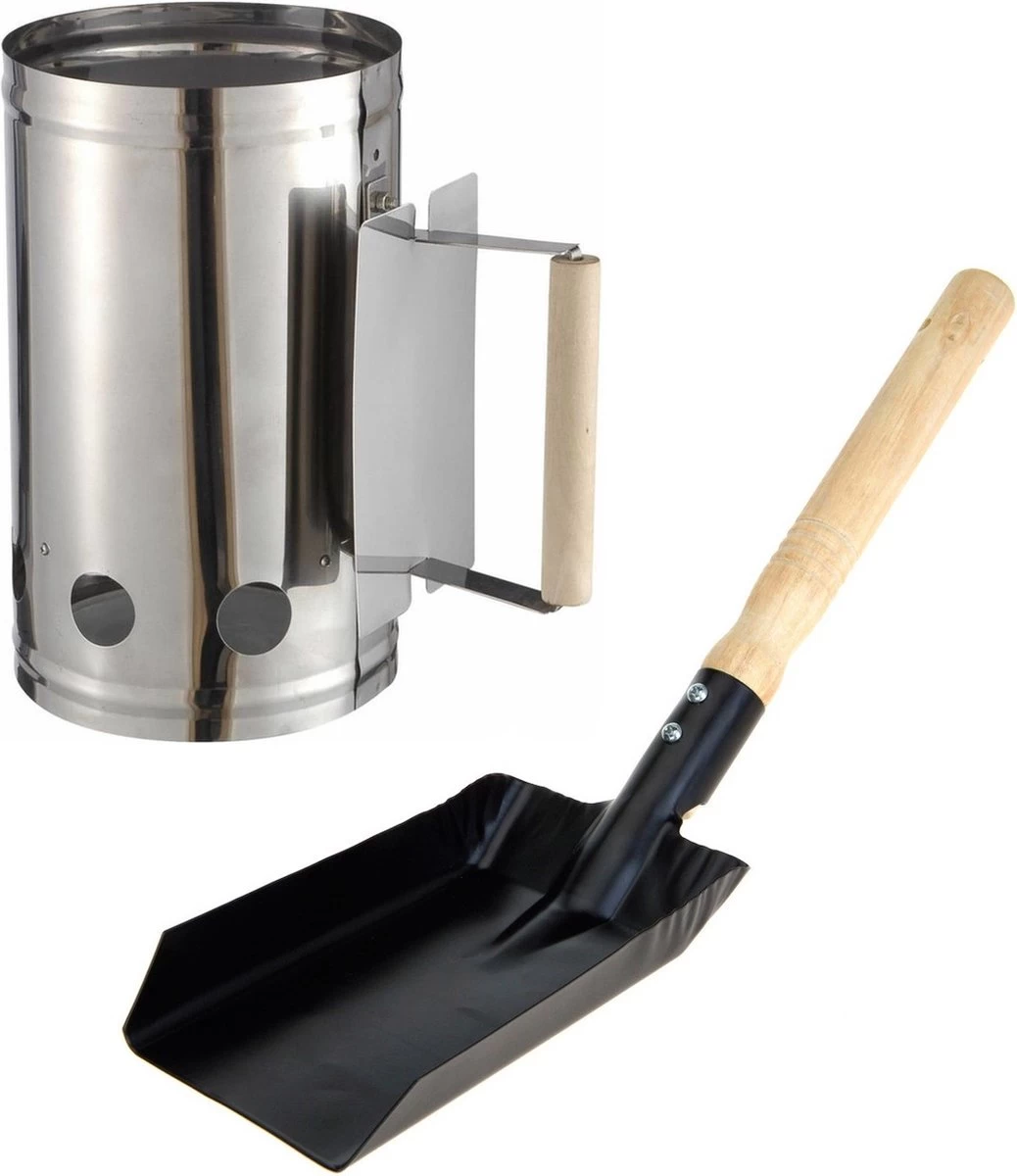 Barbecue/ BBQ Briquettes Démarreur Inox Avec Manche En Bois 27 X 17 Cm - Avec Pelle à Charbon Noir 37 Cm