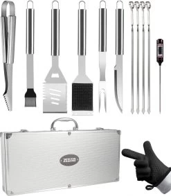 Set D'accessoires Pour Barbecue Avec Thermomètre, Gants, Pinces, Brosse De Zedar