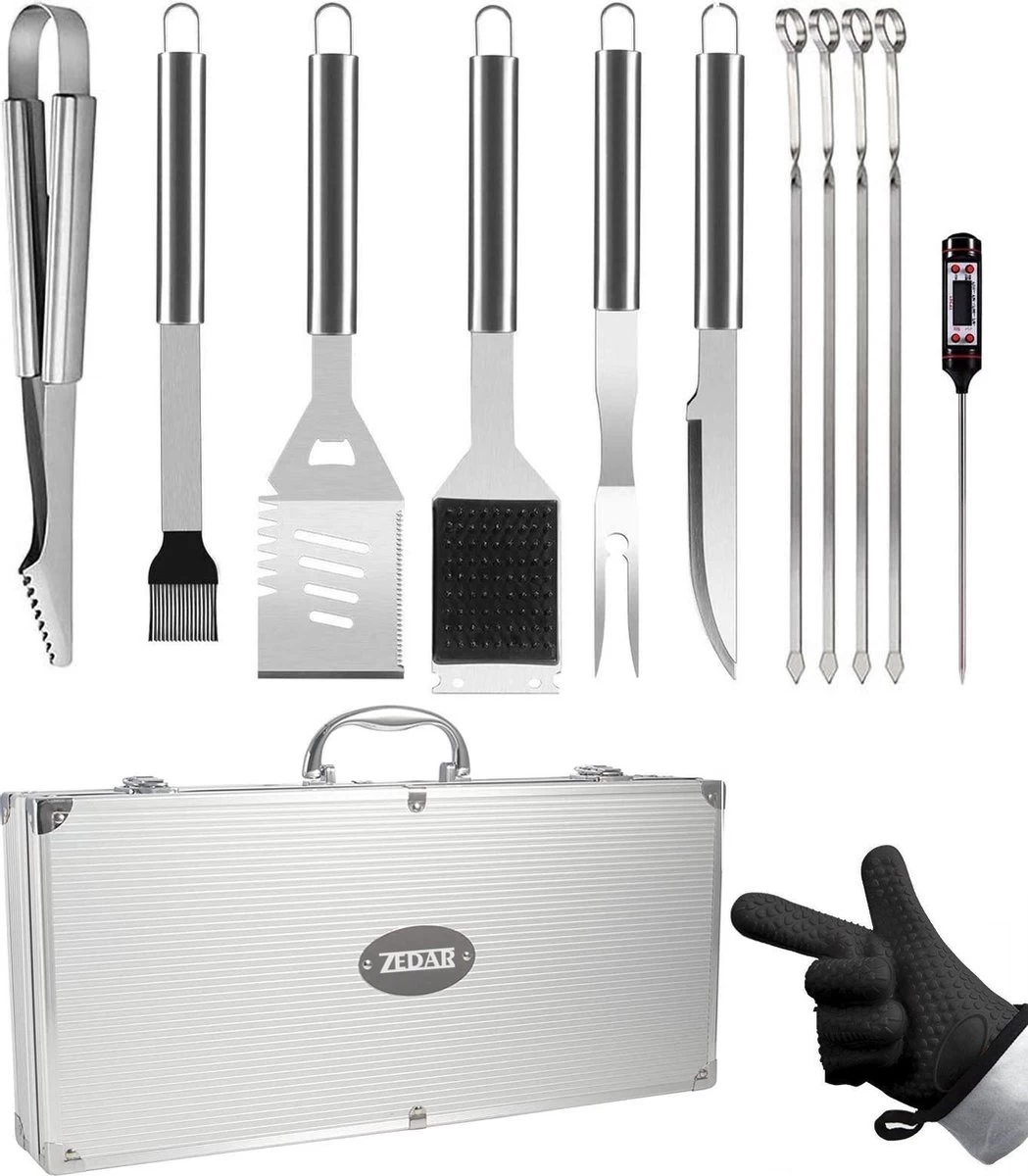 Set D'accessoires Pour Barbecue Avec Thermomètre, Gants, Pinces, Brosse De Zedar
