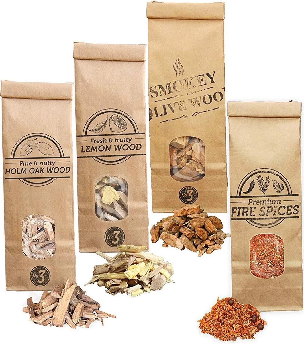 Smokey Olive Wood - 3X 500ml CHIPS À FUMER + 300ml Herbes De Feu, Bois D'Olivier- Bois De Citronnier - Chêne Vert, Farine Fumée Gros Copeaux ø 2CM - 3 CM