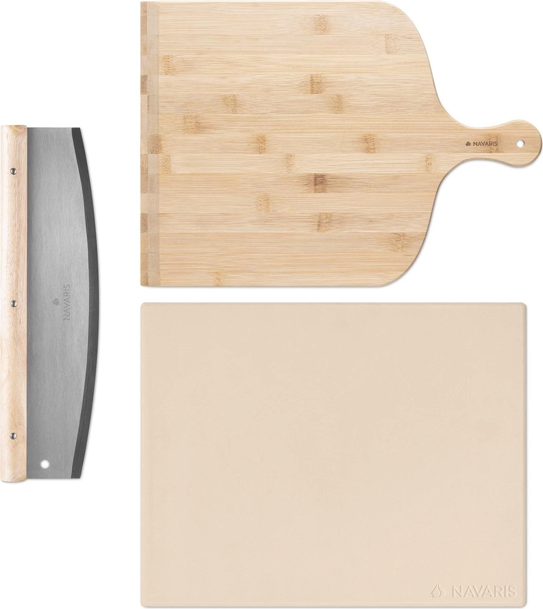 Navaris XL Pour Four, Grill Et Barbecue - Assiette à Pizza Rectangulaire 38 X 30 Cm - Set Comprenant Une Pelle à Pizza En Bambou Et Un Coupe-herbes Mezzaluna – Image 4