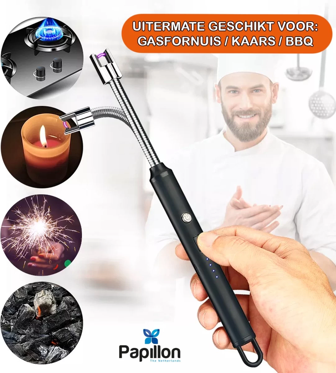 Papillon - Briquet électrique Long - Rechargeable Par USB - Briquet Flexible - Cuisinière à Gaz - Bougies - BBQ - Zwart – Image 6