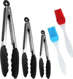 Set De 3 Pinces De Cuisine De Premium Supérieure - Pinces Pour Barbecue De Cuisine - Avec Deux Brosses En Silicone - Cuisson - BBQ - Salade, Gâteau, Crème Glacée, Four - (3x Pinces + 2 Brosses)