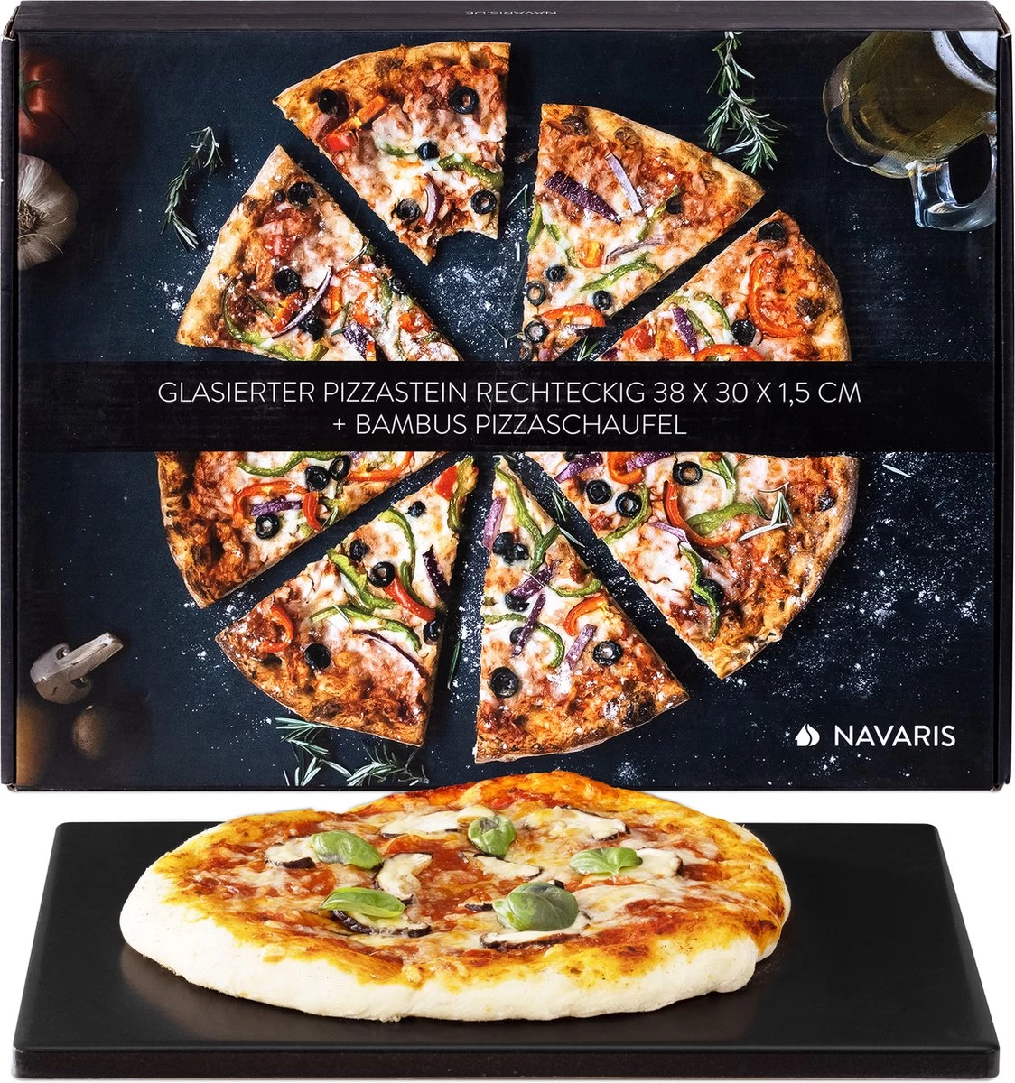 Navaris XL Pour Four Et Barbecue - Plaque à Pizza Rectangulaire 38 X 30 Cm - Pierre à Pain - Céramique émaillée - Zwart – Image 2