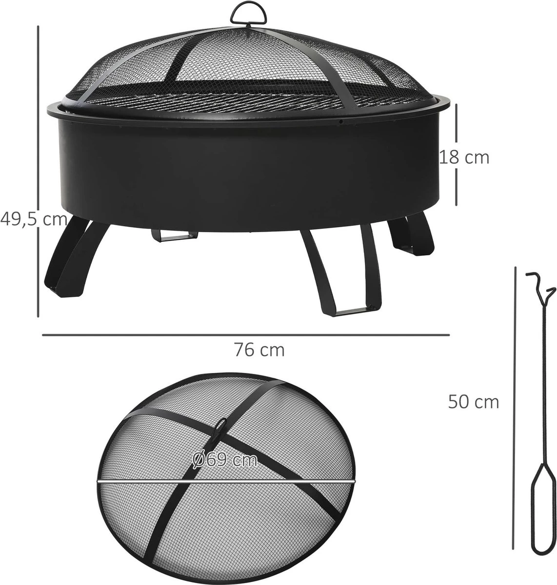Bol à Feu D'extérieur Outsunny Avec Grille De Cuisson Avec Couvercle Feu Poker Jardin Feu De Camp Patio 842-177 – Image 9