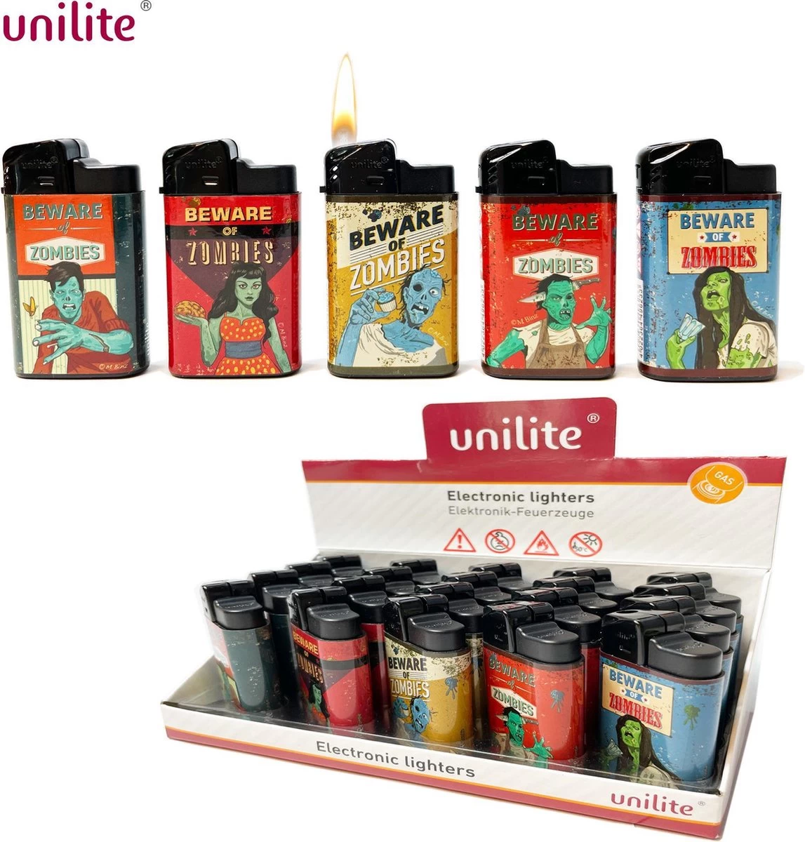 Unilite Click - Briquet électronique - Rechargeable - 20 Pièces Dans Un Présentoir - Imprimé Zombie