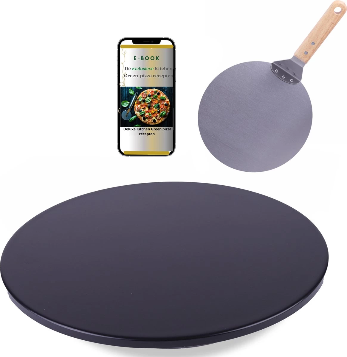 LifeGreens Pierre à Pizza + Pelle à Pizza + Rouleau à Pizza Avec Pelle à Gâteau Pierre à Pizza BBQ - Four à Pierre à Pizza - Pierre à Pizza Ronde - Assiette à Pizza -Pizzaspipe- Écologique - Céramique - 600 ° C - Ø 33 - Zwart