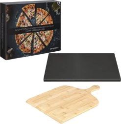 Navaris XL Pour Four, Grill Et Barbecue - Assiette à Pizza Rectangulaire 38 X 30 Cm - Set Comprenant Une Pelle à Pizza En Bambou - Céramique émaillée