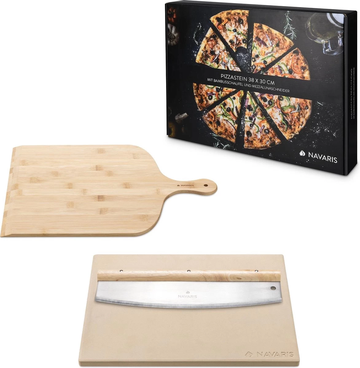 Navaris XL Pour Four, Grill Et Barbecue - Assiette à Pizza Rectangulaire 38 X 30 Cm - Set Comprenant Une Pelle à Pizza En Bambou Et Un Coupe-herbes Mezzaluna – Image 2