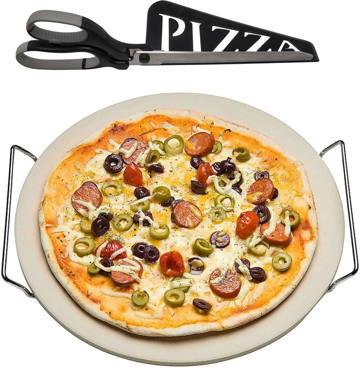 Pierre à Pizza En Céramique Ronde 33 Cm Avec Poignées - Avec Ciseaux à Pizza Noir 30 Cm - BBQ/ Four - Plaque à Pizza / Plaques à Pizza