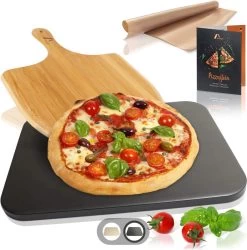 Pierre à Pizza AMAZY Incl. Cuillère à Pizza En Bamboe , Feuille De Cuisson Durable Et Livret De Recettes – La Pierre à Pain (résistante à La Chaleur, Zwart) Donne à Votre Pizza Le Goût De La Pizza Italienne Croustillante Au Four En Brique.