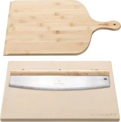 Navaris XL Pour Four, Grill Et Barbecue - Assiette à Pizza Rectangulaire 38 X 30 Cm - Set Comprenant Une Pelle à Pizza En Bambou Et Un Coupe-herbes Mezzaluna