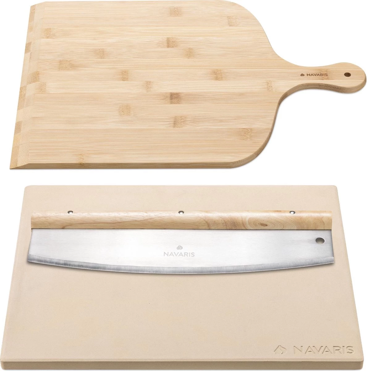 Navaris XL Pour Four, Grill Et Barbecue - Assiette à Pizza Rectangulaire 38 X 30 Cm - Set Comprenant Une Pelle à Pizza En Bambou Et Un Coupe-herbes Mezzaluna