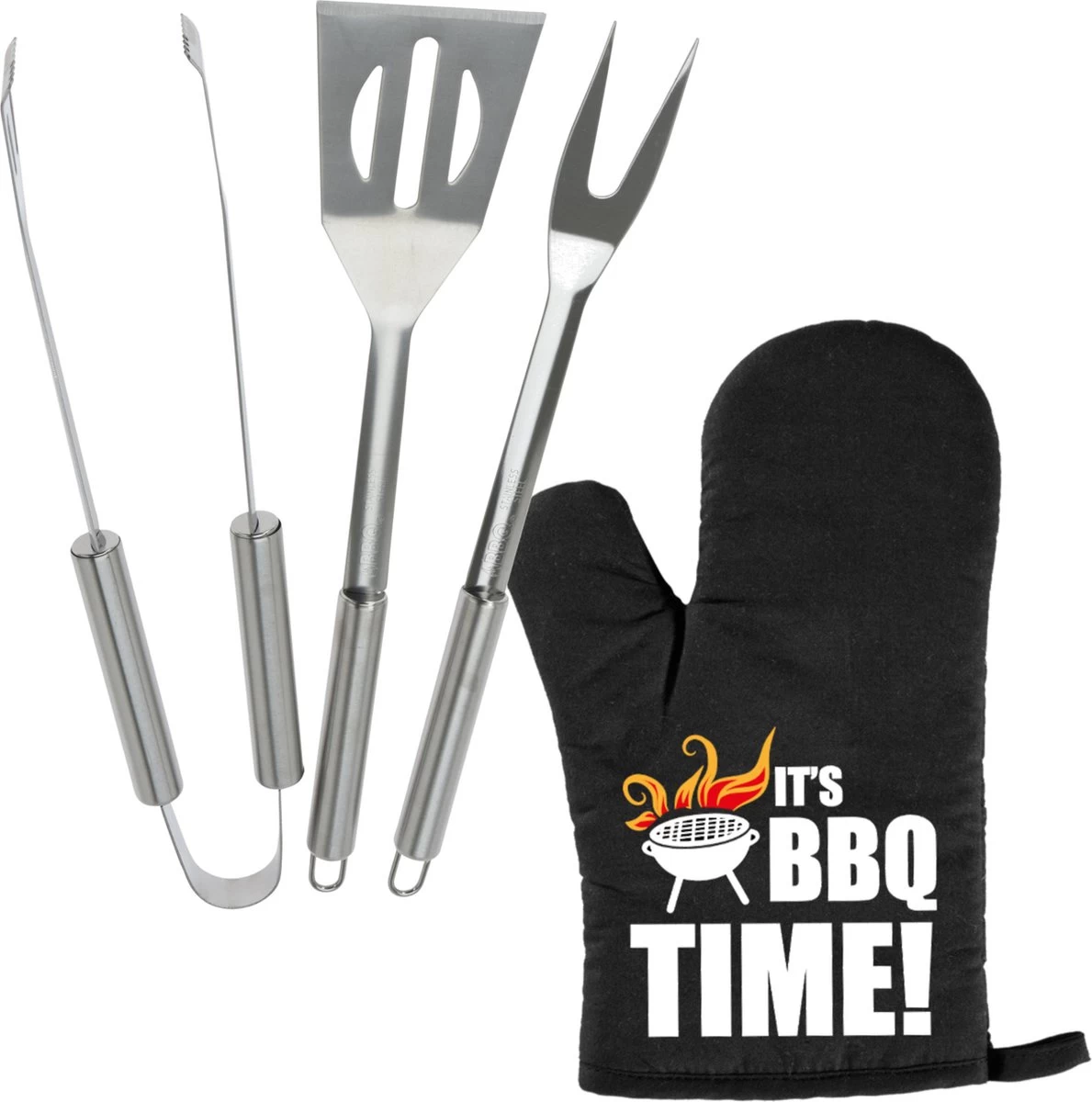 Ensemble D'outils Pour BBQ/ Barbecue 3 Pièces En Acier Inoxydable - Avec Gant De BBQ C'est L'heure Du BBQ ! - Cadeau Papa / Vaderdag