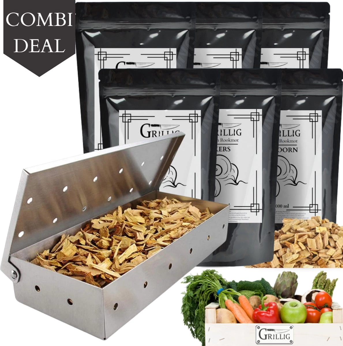 Whimsical - Artisan Large - Smokerbox - 6 Types De Copeaux De Fumée - Bois De Fumée Pour Fumer à Chaud - Chêne - Hêtre - Aulne - Cerisier - Esdoorn - Hickory - 12 Litres