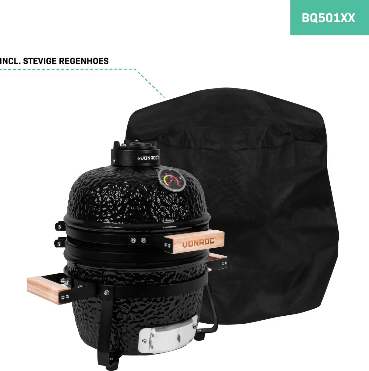 VONROC Kamado 13 Pouces - Surface De Cuisson Ø27cm - Barbecue à Charbon - Céramique - Modèle De Table - Avec Socle, Thermomètre, Pose-assiettes & Habillage Pluie – Image 11