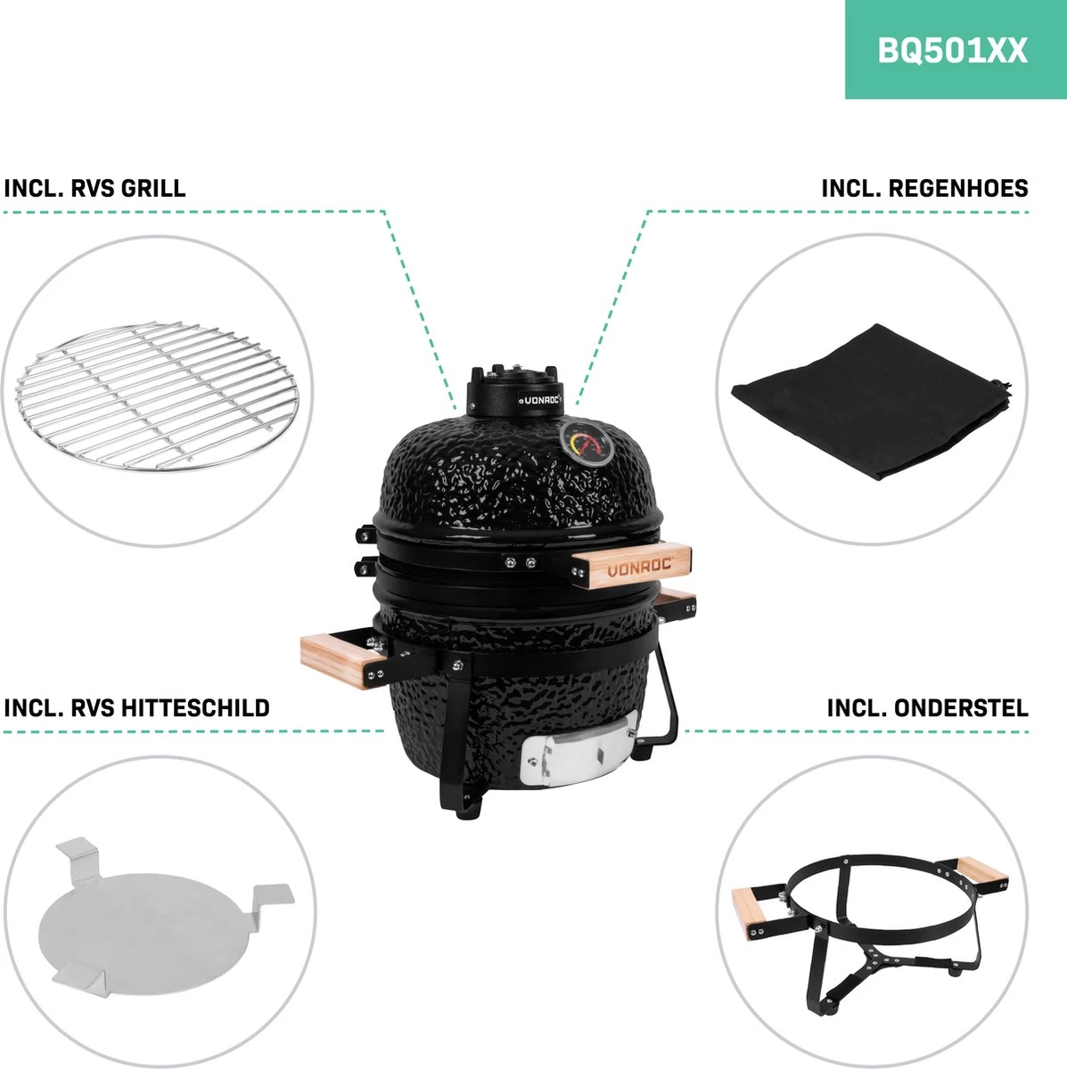 VONROC Kamado 13 Pouces - Surface De Cuisson Ø27cm - Barbecue à Charbon - Céramique - Modèle De Table - Avec Socle, Thermomètre, Pose-assiettes & Habillage Pluie – Image 9