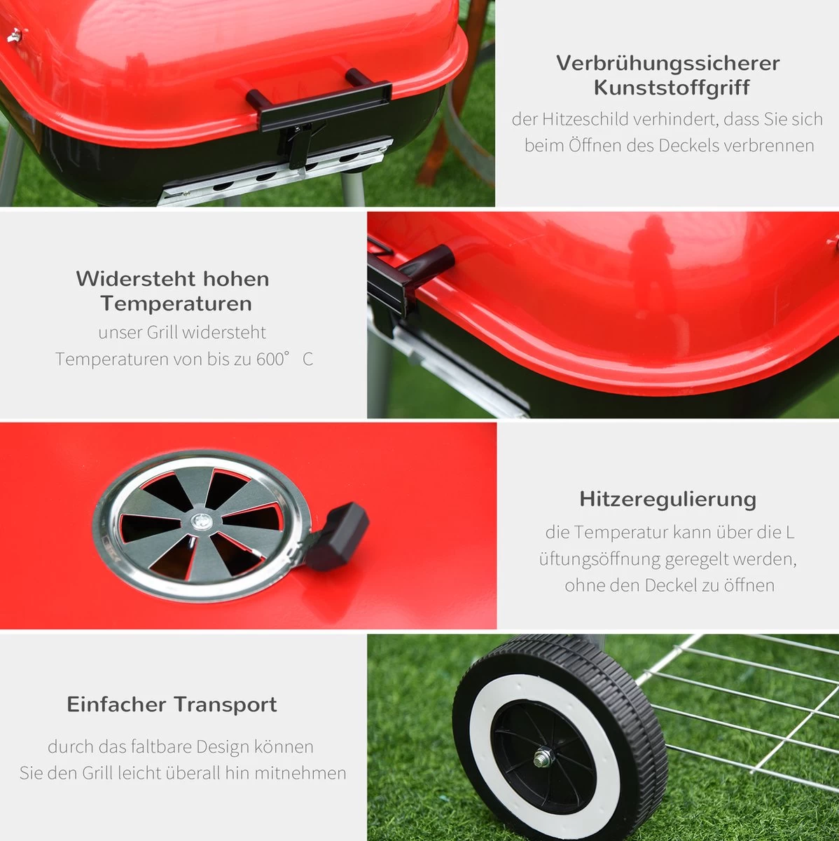 Barbecue à Charbon Outsunny Sur Roulettes Barbecue Chariot Boule Barbecue Grill Avec Couvercle BBQ Métal Rouge 01-0569 – Image 4