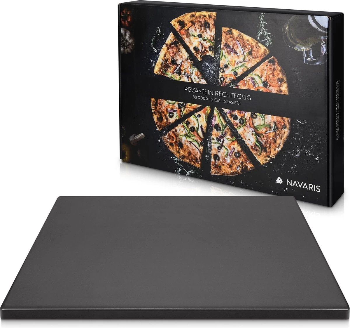 Navaris XL Pour Four Et Barbecue - Plaque à Pizza Rectangulaire 38 X 30 Cm - Pierre à Pain - Céramique émaillée - Zwart