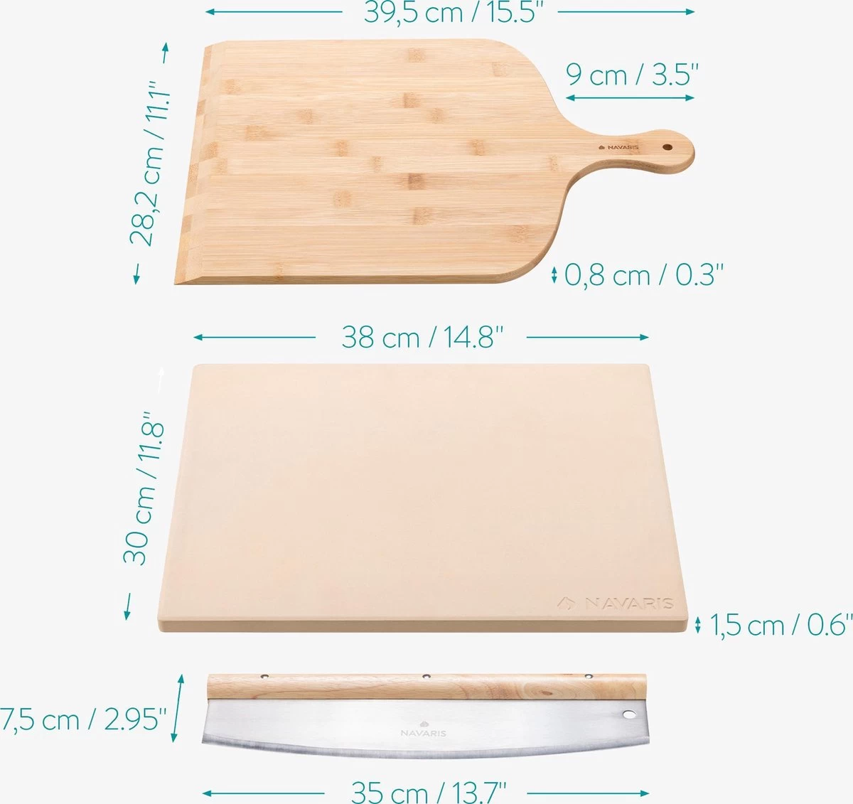 Navaris XL Pour Four, Grill Et Barbecue - Assiette à Pizza Rectangulaire 38 X 30 Cm - Set Comprenant Une Pelle à Pizza En Bambou Et Un Coupe-herbes Mezzaluna – Image 7