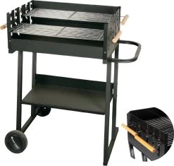 BBQ Rectangulaire Cheqo® - Barbecue Sur Roues - Charbon De Bois - 82x47x90cm - Hauteur De Cuisson Réglable 75-87cm - Surface De Cuisson 59x41cm - Avec Paravent - Mobile