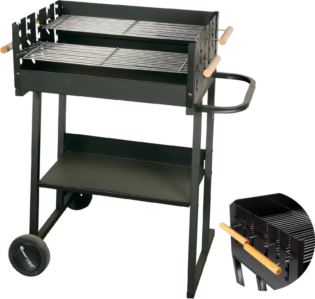 BBQ Rectangulaire Cheqo® - Barbecue Sur Roues - Charbon De Bois - 82x47x90cm - Hauteur De Cuisson Réglable 75-87cm - Surface De Cuisson 59x41cm - Avec Paravent - Mobile