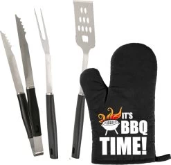 Ensemble D'outils Pour BBQ/ Barbecue 3 Pièces En Acier Inoxydable - Avec Gant De BBQ C'est L'heure Du BBQ ! - Cadeau Papa / Vaderdag