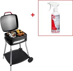 Fritel BBQ 3278 - Barbecue électrique Et Grill De Table + Adoucisseur De Graisse OFFERT - Surface De Grill 40x36cm + Base + Couvercle + Roues - Noir
