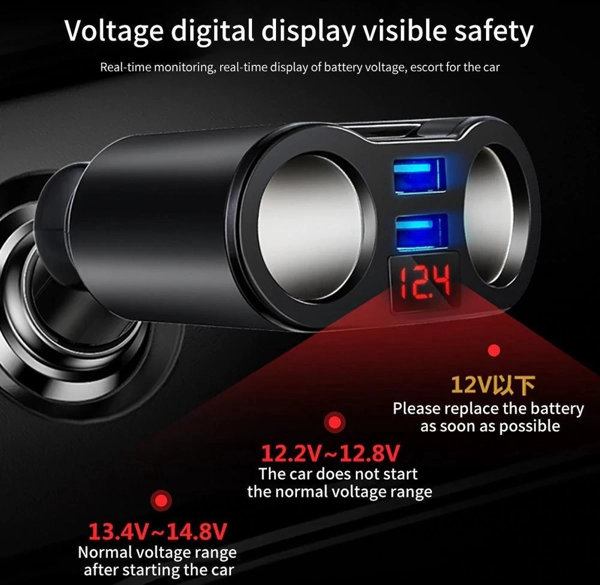 Répartiteur D'allume-cigare De Voiture - Entrée USB De Voiture - 2 Prises De Cigarette - Chargeur De Voiture - Répartiteur 12 V - Chargeur De Voiture USB – Image 4