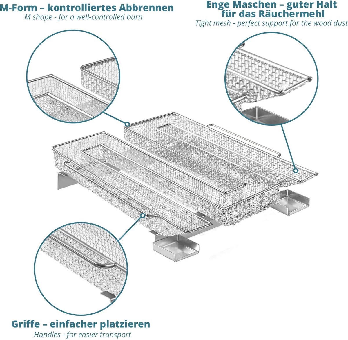 Générateur De Fumée Froide Pour Barbecue - Fumoir Inox En Forme De M - 190 X 225 X 45 Mm - Maille 2 Mm - Fumoir Barbecue Pour 5 à 20 Heures De Fumage - Plus: Crochet Jupe & Farine à Fumée – Image 3