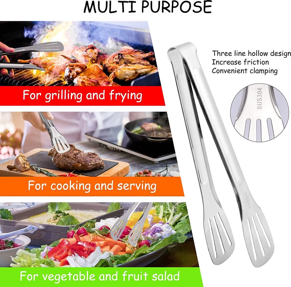 Pince De Cuisine En Acier Set De 3 Ustensiles De Cuisine Pince De Service Pour Salade, Barbecue, Buffet, Cuisson, Pâtisserie Et Grillades, Longueur 24 Cm, Argent – Image 4