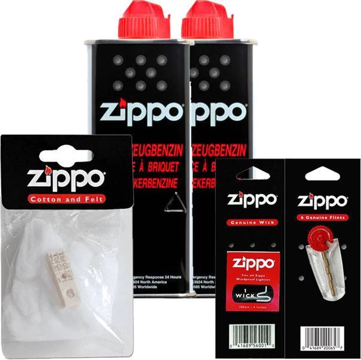 Paquet D'entretien Du Briquet Zippo : 2 X Essence / Liquide, 1 X Katoen Et Filt, 1 X Silex Et 1 X Mèche
