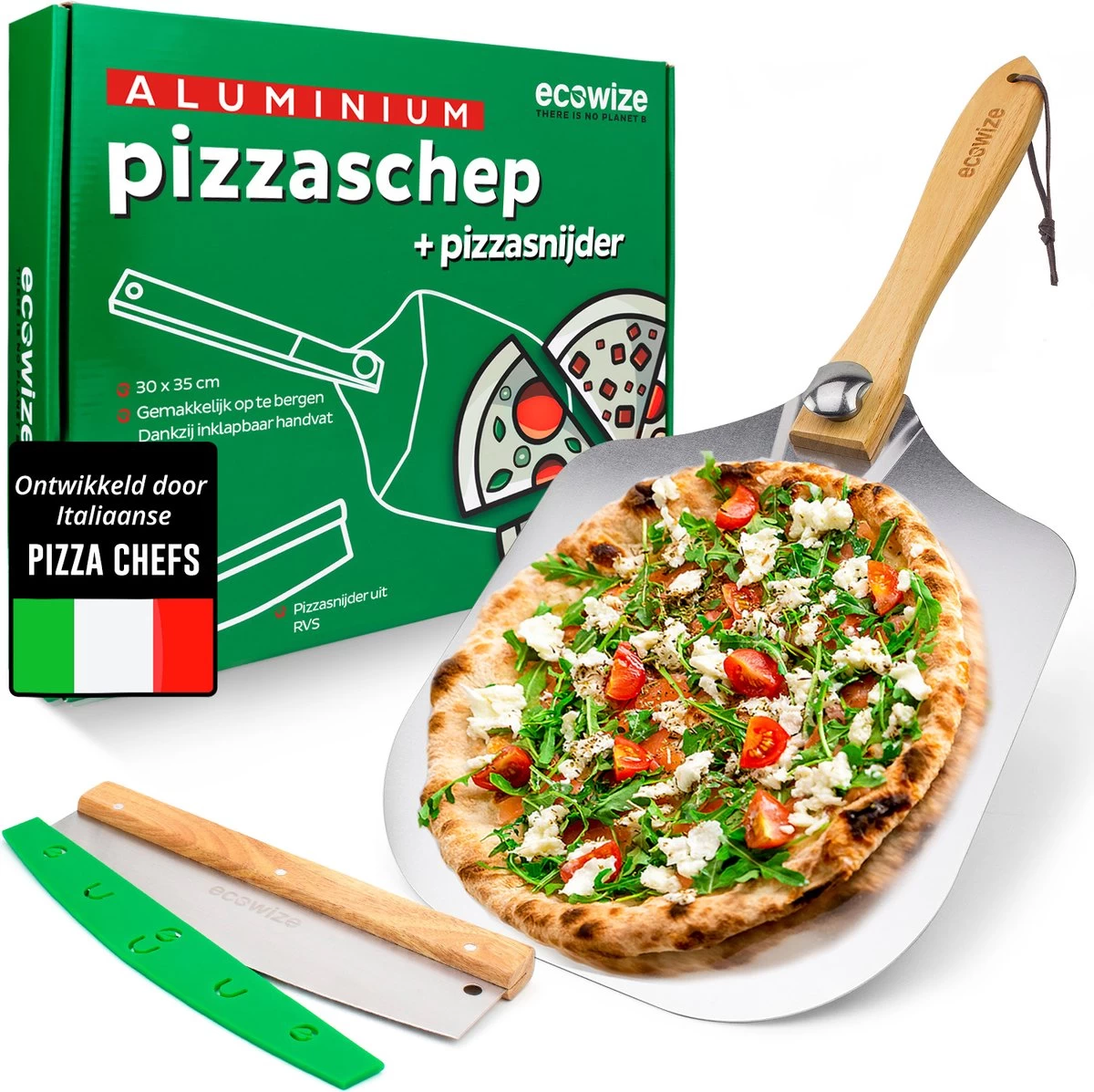 Ecowize Pour BBQ Et Four - Spatule à Pizza En Aluminium Carrée 30cm Avec Poignée Pliable - Avec Coupe-pizza Extra Professionnel