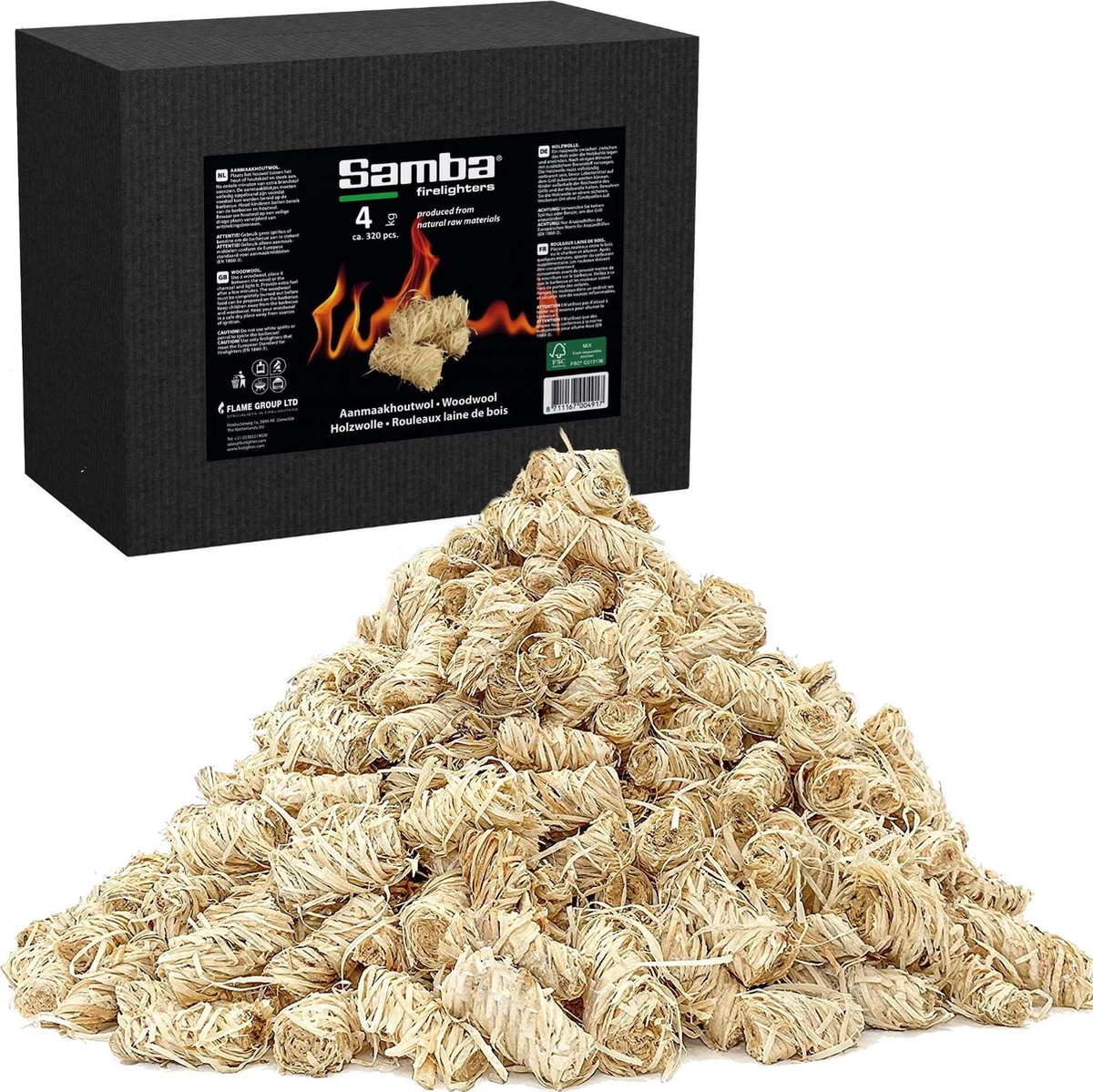 Boucles à Briquet En Laine De Bois Samba 320 Pièces, 4 Kg. Dans Un Carton Extérieur - Respectueux De L'environnement - Neutre En CO2 - FSC®