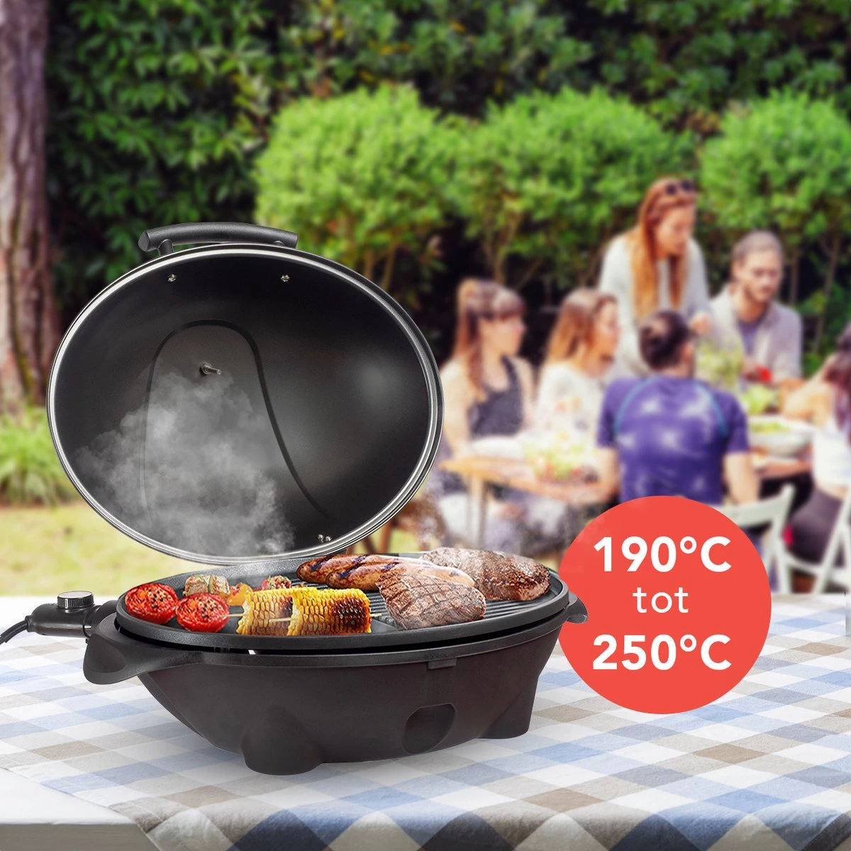 Barbecue électrique KitchenBrothers - Barbecue De Table Avec Plancha - Revêtement Antiadhésif - Incl. Etagère / Système De Fixation Pour GPS - Surface BBQ Grill 46,5x33,8cm - 5 Positions Jusqu'à 300°C - 2400W - Zwart – Image 10
