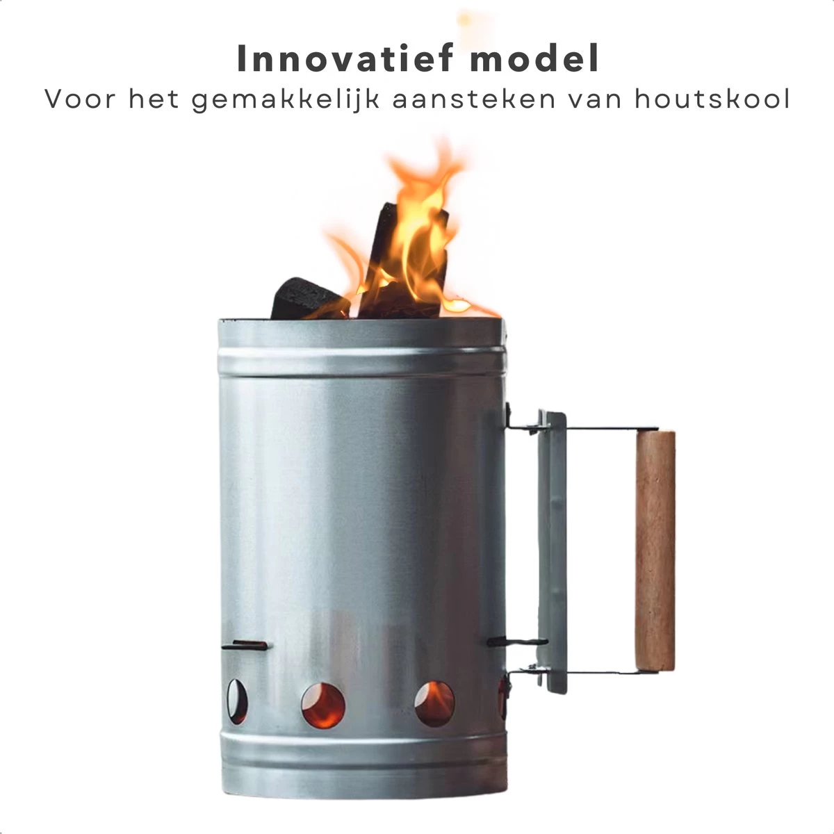 Cheqo® Briquette Starter - Charcoal Starter Metal - BBQ Starter - Barbecue Quick Starter - 27x16cm - BBQ Starter - Allume-feu - Surface Réfractaire - Manche Bois - Bouclier Thermique – Image 5