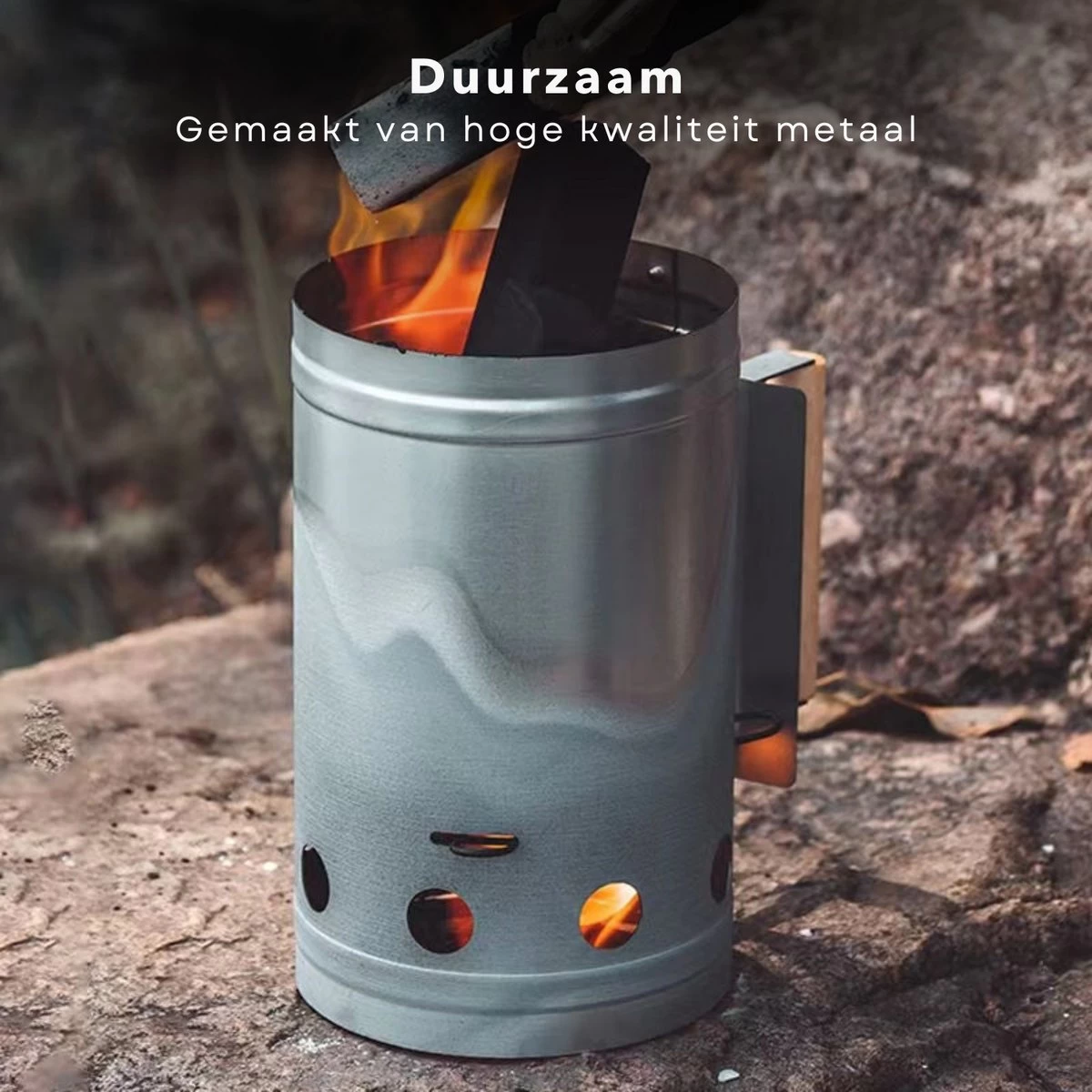 Cheqo® Briquette Starter - Charcoal Starter Metal - BBQ Starter - Barbecue Quick Starter - 27x16cm - BBQ Starter - Allume-feu - Surface Réfractaire - Manche Bois - Bouclier Thermique – Image 6