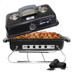 AG To- Go Barbecue Ø44 Cm - Barbecues à Charbon - Incl. Thermomètre - Température Inoxydable - Compact -Barbecue Carré - Incl. Couvercle - Barbecue Traditionnel - 6 Personnes - Partout Grille De Ventilation Pour Régulation D'oxygène - Zwart