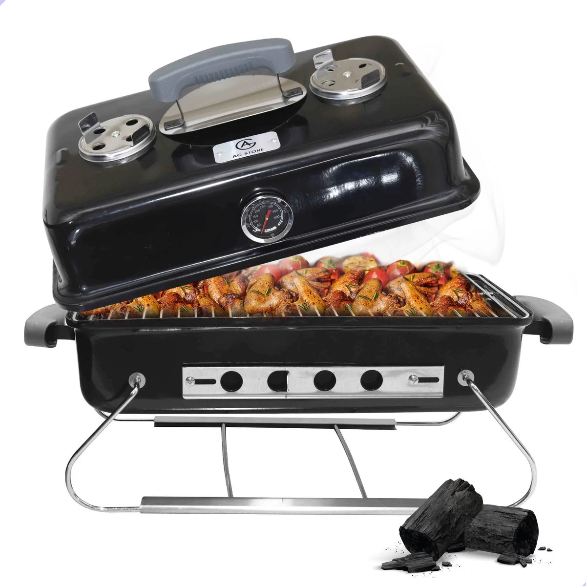 AG To- Go Barbecue Ø44 Cm - Barbecues à Charbon - Incl. Thermomètre - Température Inoxydable - Compact -Barbecue Carré - Incl. Couvercle - Barbecue Traditionnel - 6 Personnes - Partout Grille De Ventilation Pour Régulation D'oxygène - Zwart