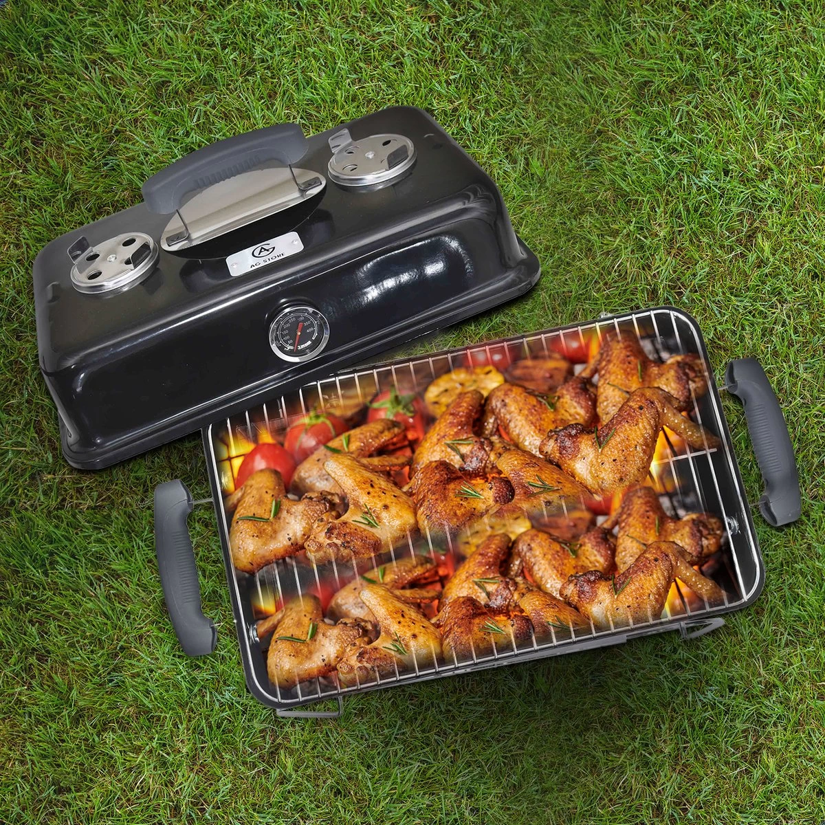 AG To- Go Barbecue Ø44 Cm - Barbecues à Charbon - Incl. Thermomètre - Température Inoxydable - Compact -Barbecue Carré - Incl. Couvercle - Barbecue Traditionnel - 6 Personnes - Partout Grille De Ventilation Pour Régulation D'oxygène - Zwart – Image 3