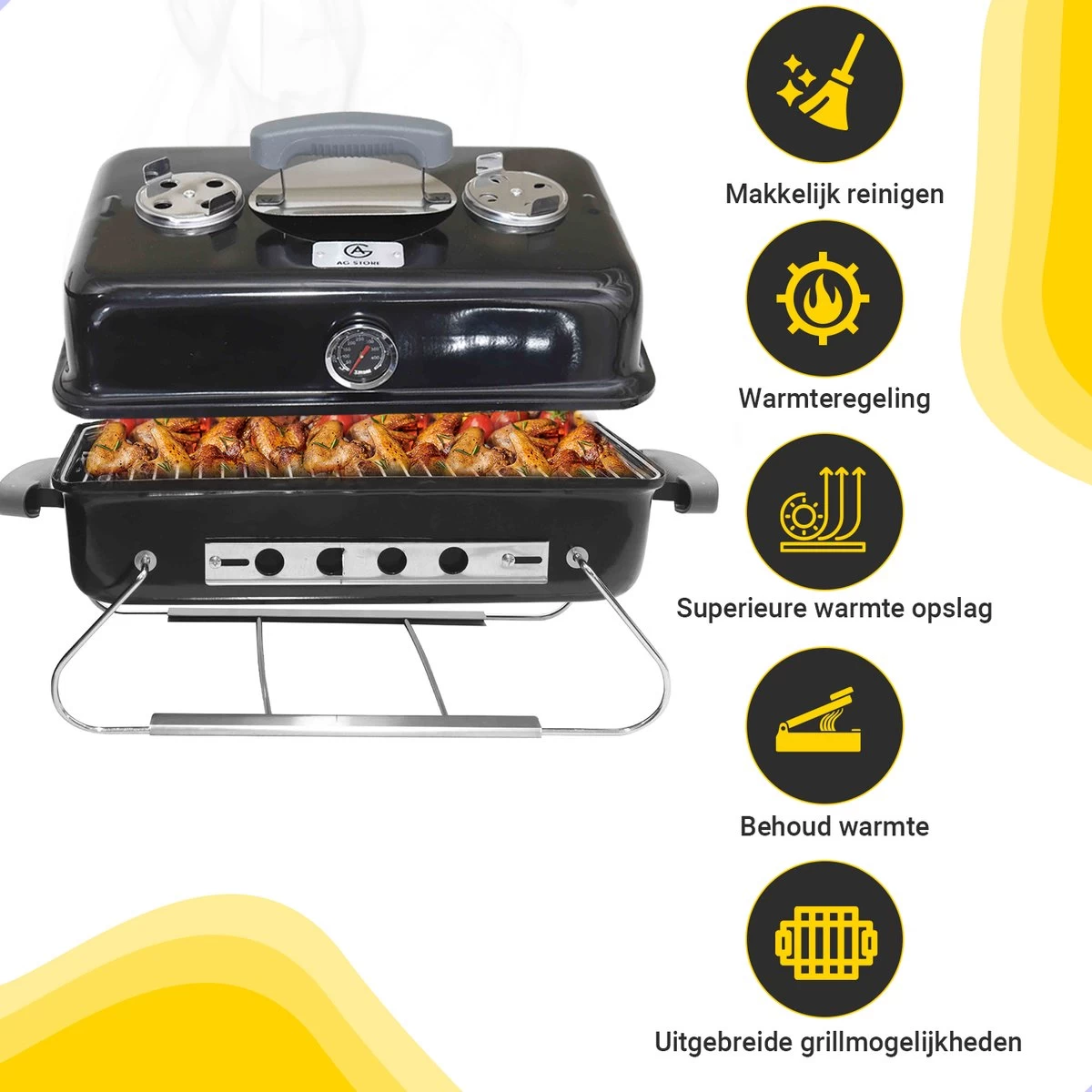 AG To- Go Barbecue Ø44 Cm - Barbecues à Charbon - Incl. Thermomètre - Température Inoxydable - Compact -Barbecue Carré - Incl. Couvercle - Barbecue Traditionnel - 6 Personnes - Partout Grille De Ventilation Pour Régulation D'oxygène - Zwart – Image 4
