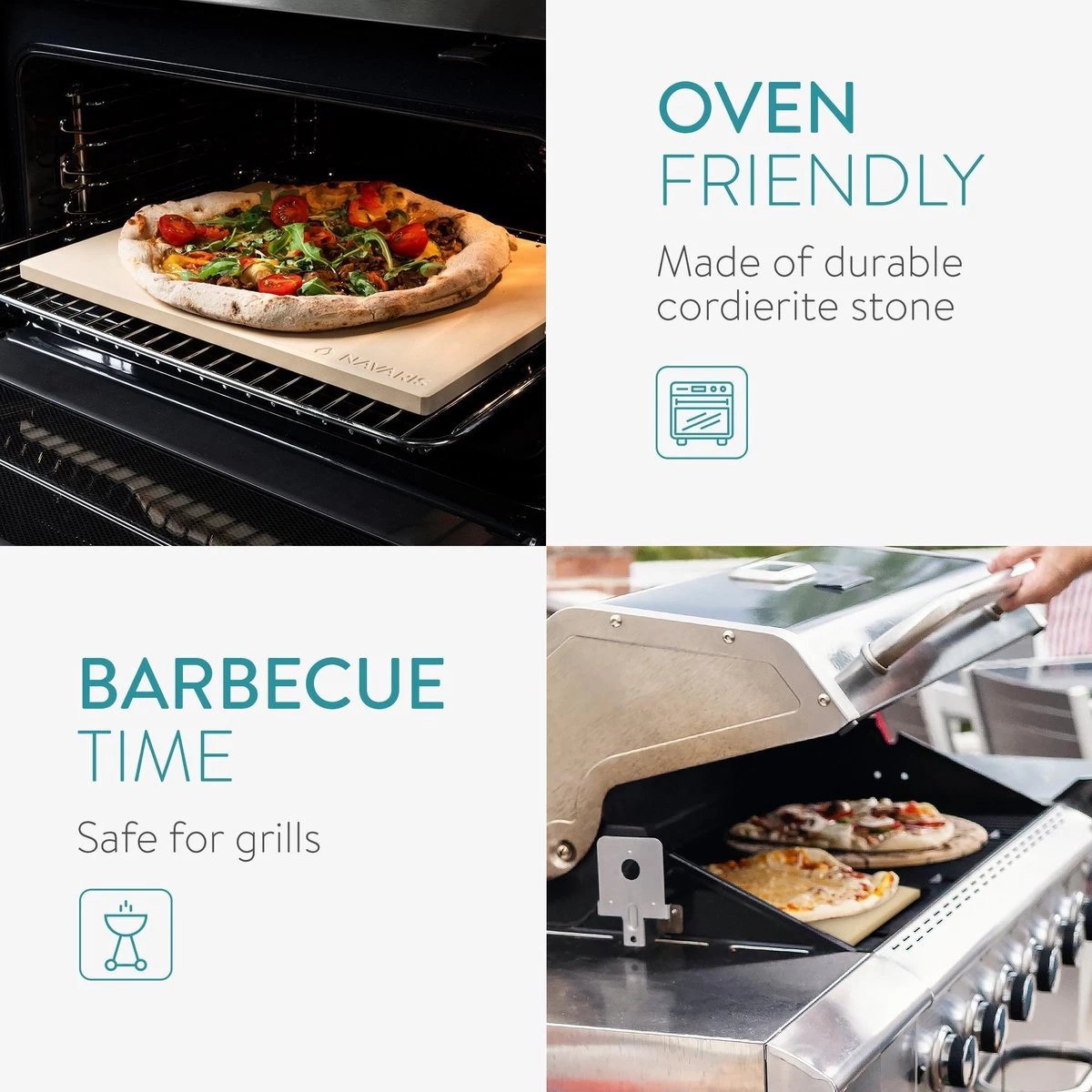 Navaris XL Pour Four, Grill Et Barbecue - Assiette à Pizza Rectangulaire 38 X 30 Cm - Set Comprenant Une Pelle à Pizza En Bambou Et Un Coupe-herbes Mezzaluna – Image 6