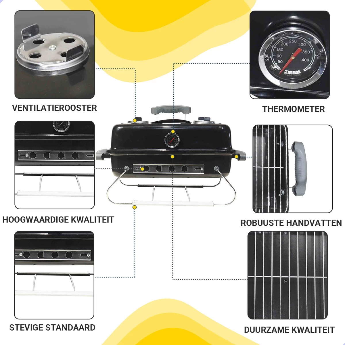 AG To- Go Barbecue Ø44 Cm - Barbecues à Charbon - Incl. Thermomètre - Température Inoxydable - Compact -Barbecue Carré - Incl. Couvercle - Barbecue Traditionnel - 6 Personnes - Partout Grille De Ventilation Pour Régulation D'oxygène - Zwart – Image 7