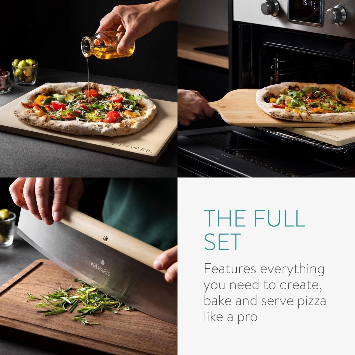 Navaris XL Pour Four, Grill Et Barbecue - Assiette à Pizza Rectangulaire 38 X 30 Cm - Set Comprenant Une Pelle à Pizza En Bambou Et Un Coupe-herbes Mezzaluna – Image 8