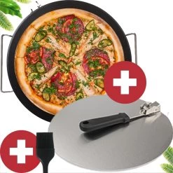 YUGN BLACK Pizza Stone BBQ FR Pelle à Pizza 30cm Spatule à Pizza - Pierre à Pizza Four Pierre à Pizza Ronde De 33 CM - Fabriquée En Cordiérite Uniek Pelle à Pizza En Céramique En Acier Inoxydable