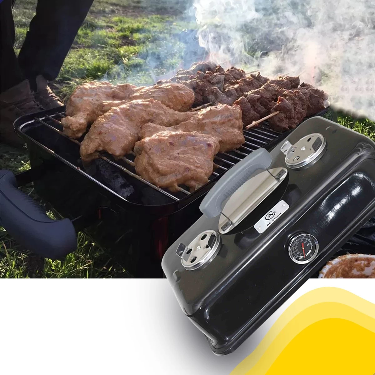 AG To- Go Barbecue Ø44 Cm - Barbecues à Charbon - Incl. Thermomètre - Température Inoxydable - Compact -Barbecue Carré - Incl. Couvercle - Barbecue Traditionnel - 6 Personnes - Partout Grille De Ventilation Pour Régulation D'oxygène - Zwart – Image 12