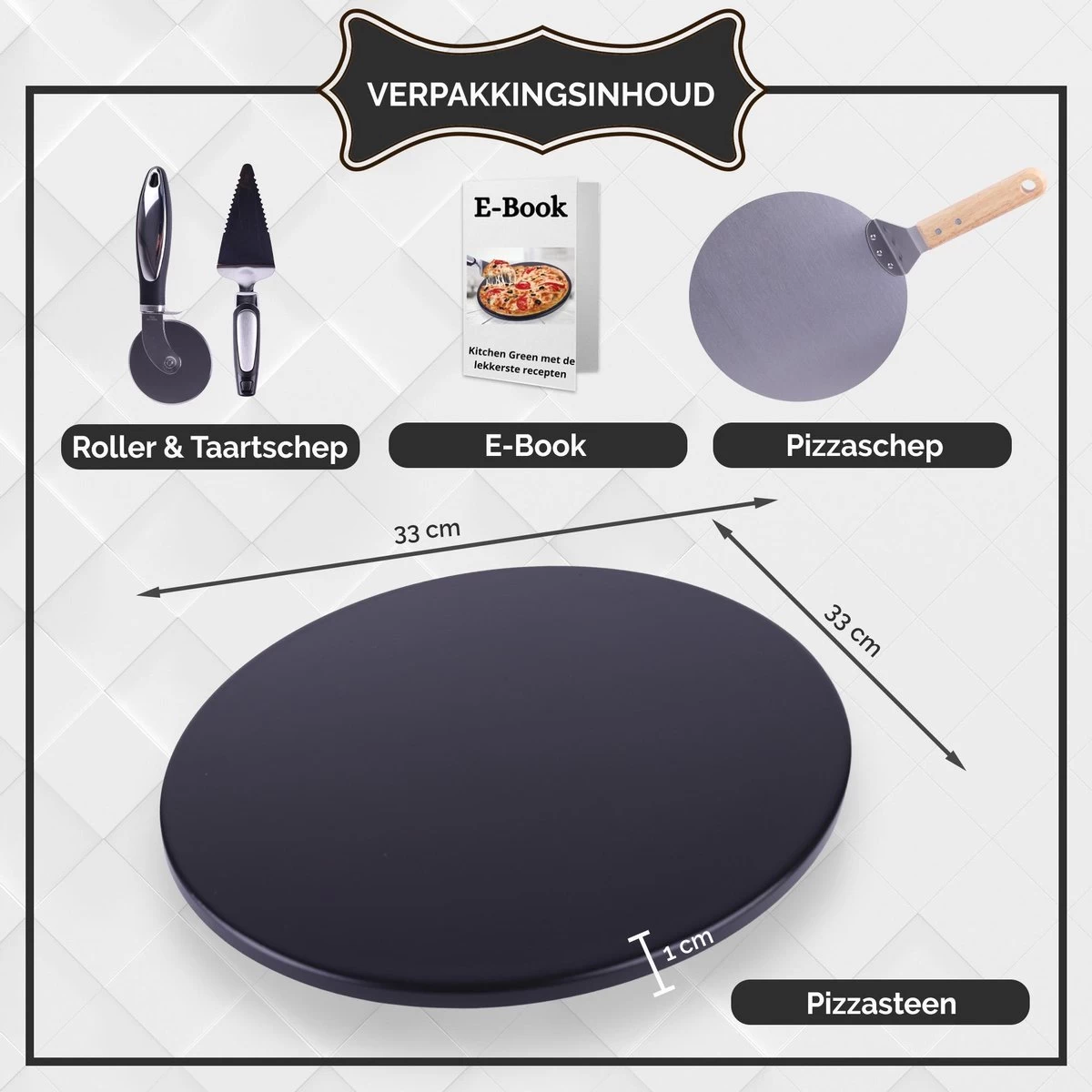 LifeGreens Pierre à Pizza + Pelle à Pizza + Rouleau à Pizza Avec Pelle à Gâteau Pierre à Pizza BBQ - Four à Pierre à Pizza - Pierre à Pizza Ronde - Assiette à Pizza -Pizzaspipe- Écologique - Céramique - 600 ° C - Ø 33 - Zwart – Image 8