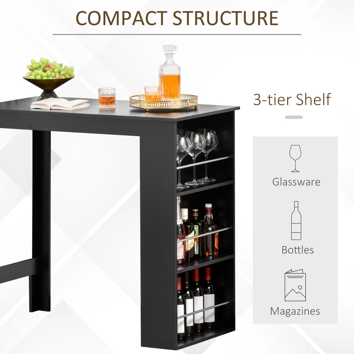 HOMCOM Table De Bar, Bureau, Table De Cuisine Avec 3 étagères, Aggloméré Noir 835-390 – Image 3